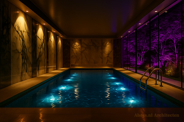 Minimalistisch luxe privézwembad bij nacht